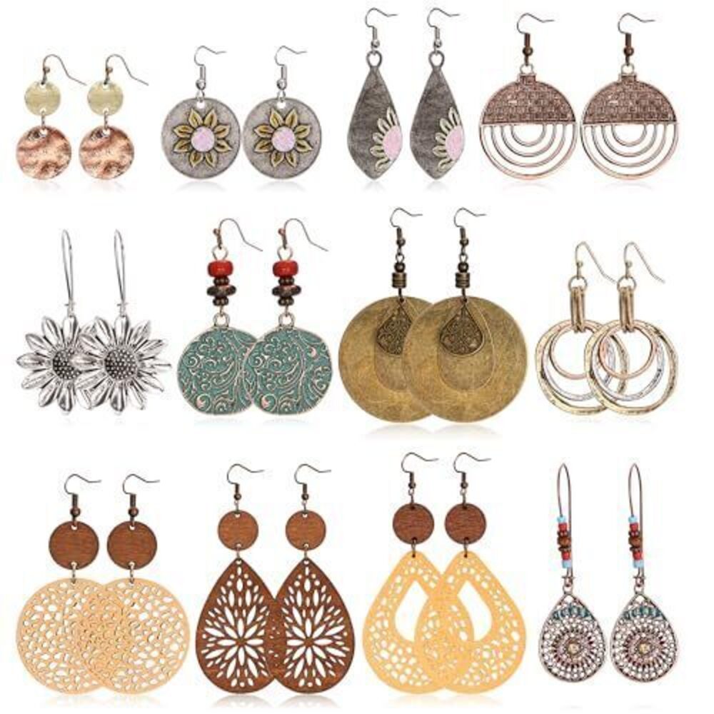 4949 Boho Vintage Dangle Earrings Set Geometric Teardrop Round Wooden
